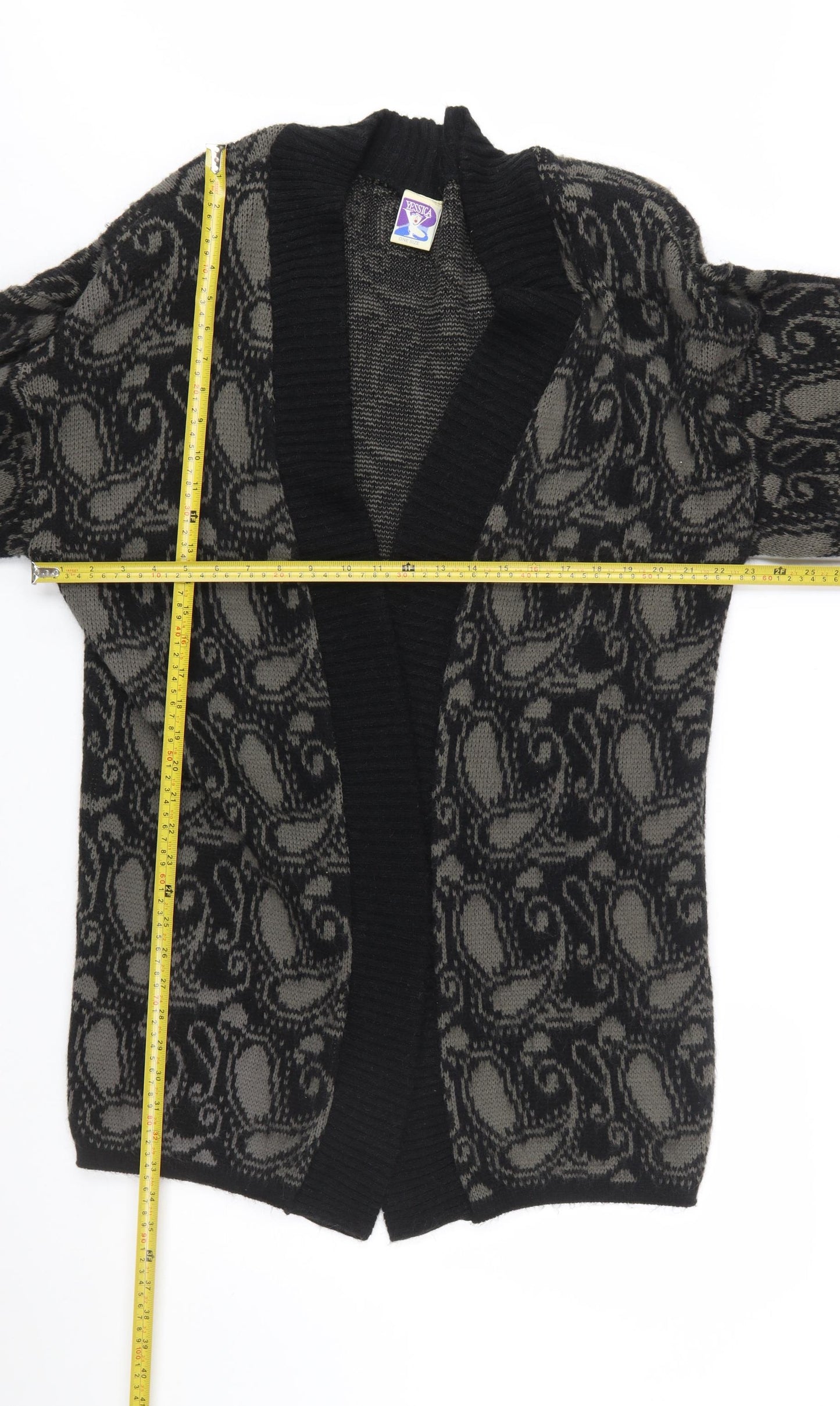 Yessica Women Black Grey Paisley Knit Long Sleeve Cardigan One Size