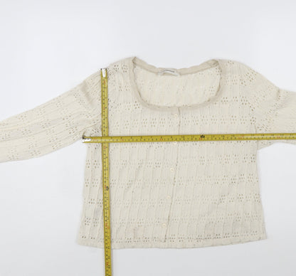 Promod Women Ivory Knit Cardigan L Cotton Blend Open Knit