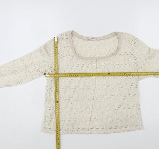 Promod Women Ivory Knit Cardigan L Cotton Blend Open Knit