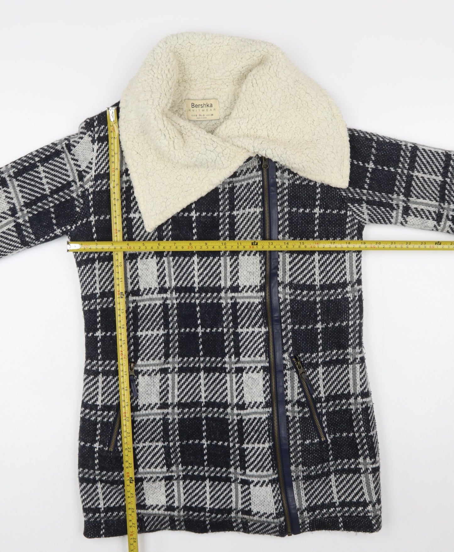 Bershka Women's Blue Checked Knit Biker Jacket Size S