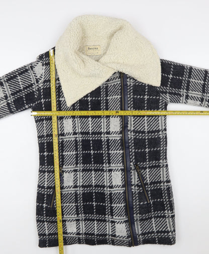 Bershka Women's Blue Checked Knit Biker Jacket Size S
