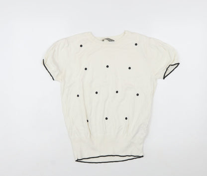 Oasis Women Ivory Polka Dot Short Sleeve Cotton Pullover Jumper Size 10