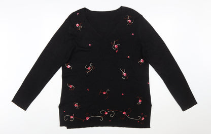Marks and Spencer Women Black Floral Embroidered V-Neck Jumper Size 20