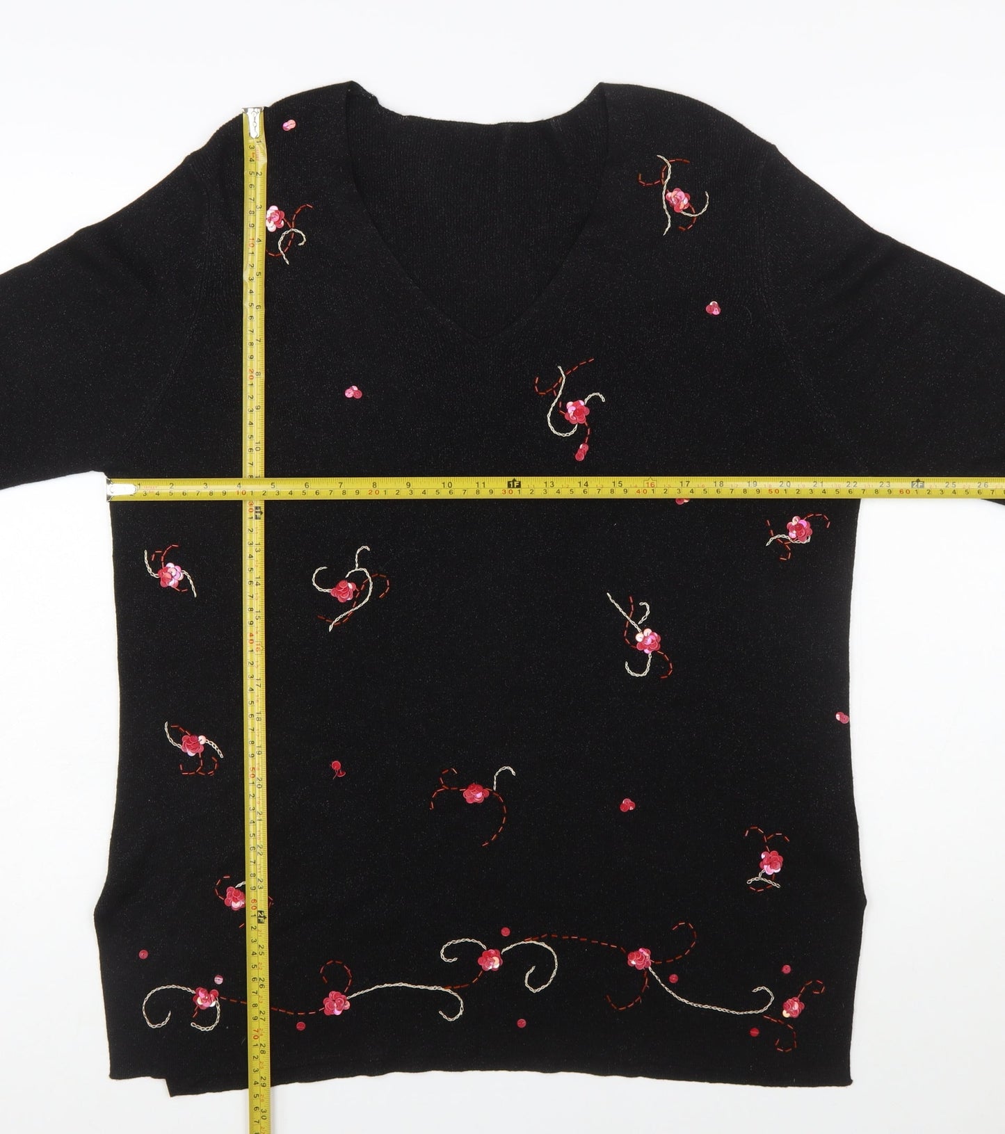 Marks and Spencer Women Black Floral Embroidered V-Neck Jumper Size 20