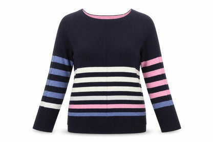 White Stuff Women's Navy Multi Stripe Jumper UK 12 Long Sleeve Cotton Wool