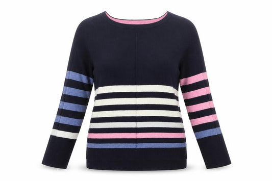 White Stuff Women's Navy Multi Stripe Jumper UK 12 Long Sleeve Cotton Wool