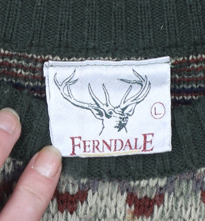 Ferndale Men's Green Fair Isle Acrylic Crew Neck Jumper Size L