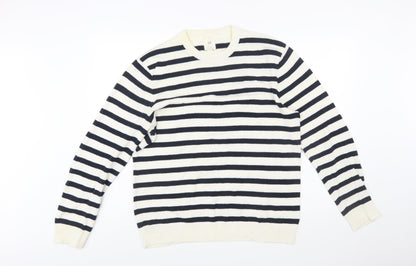 H&M Women’s Navy White Striped Cotton Crew Neck Jumper M