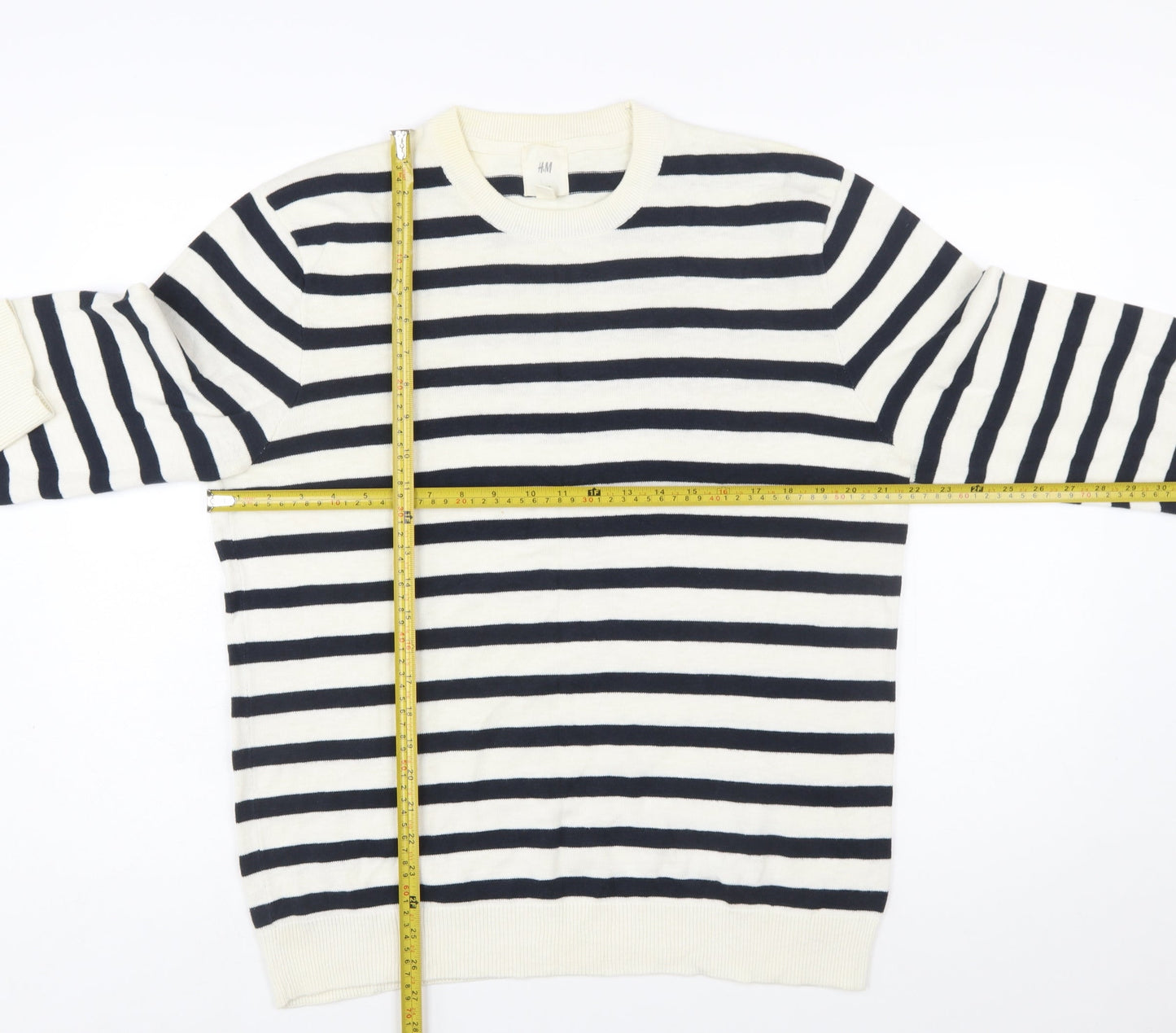 H&M Women’s Navy White Striped Cotton Crew Neck Jumper M