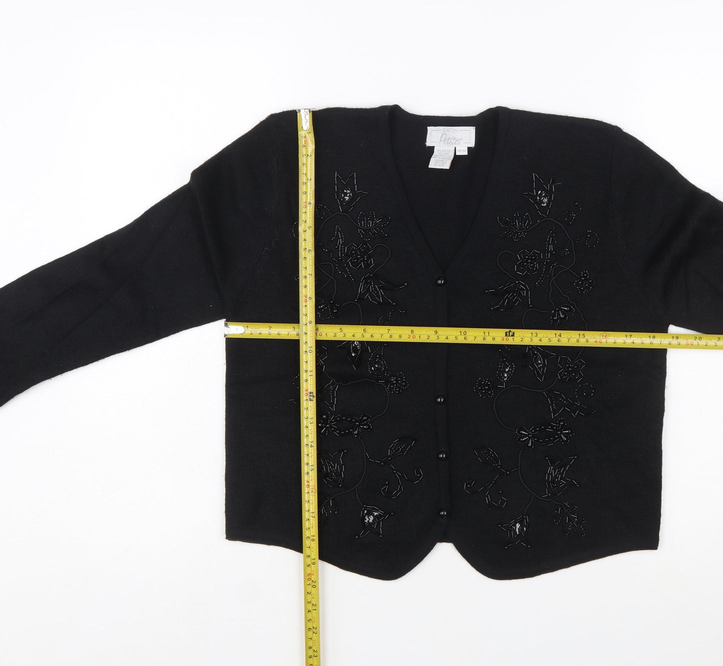 Eaton Petites Women's Black Beaded Wool Blend Cardigan M Petite