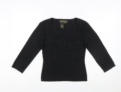 Christine Phillipe Womens Black Beaded Knit Jumper Size M Scoop Neck