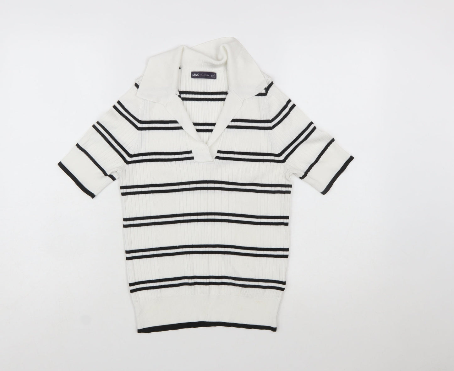 Marks and Spencer Women’s White Striped Collared Short Sleeve Knit Jumper Size 12