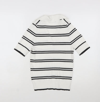 Marks and Spencer Women’s White Striped Collared Short Sleeve Knit Jumper Size 12
