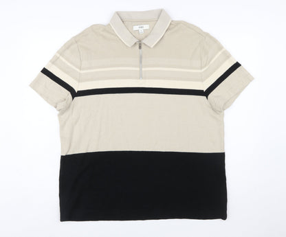 Marks and Spencer Men’s Beige Striped Cotton Polo Shirt XL Regular Fit Zip Neck