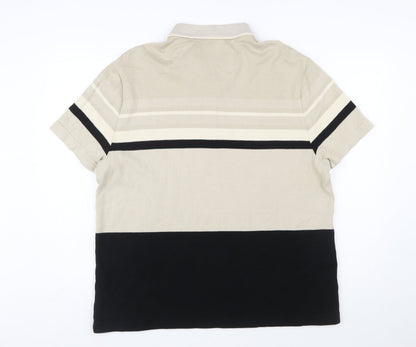 Marks and Spencer Men’s Beige Striped Cotton Polo Shirt XL Regular Fit Zip Neck