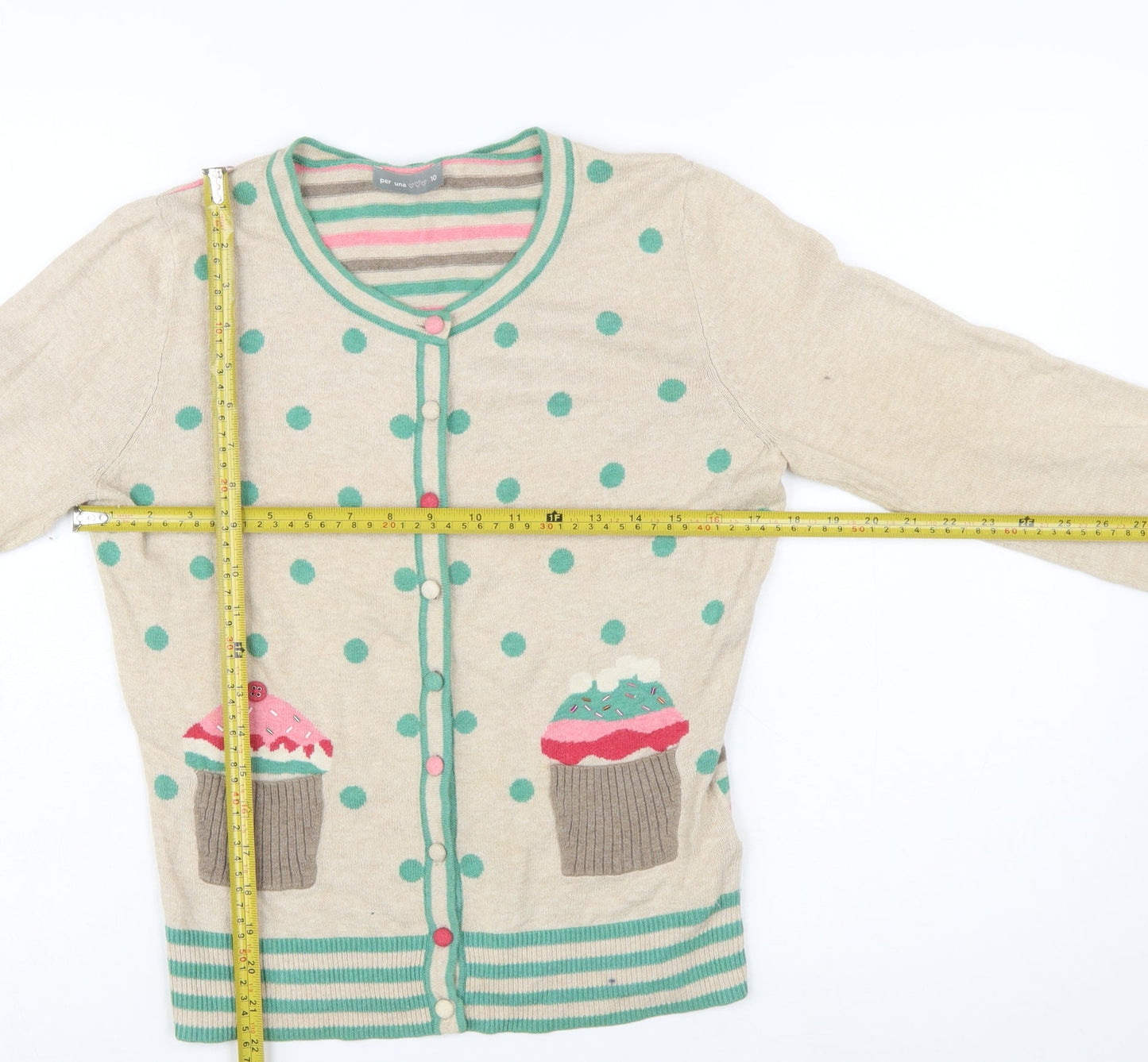 Marks and Spencer Women Beige Polka Dot Cupcake Cardigan Size 10