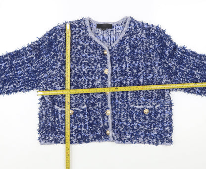 ZARA Women Blue Bouclé Cropped Suit Jacket Size L Classic Gold Buttons