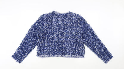 ZARA Women Blue Bouclé Cropped Suit Jacket Size L Classic Gold Buttons