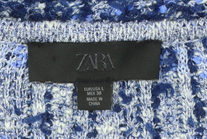 ZARA Women Blue Bouclé Cropped Suit Jacket Size L Classic Gold Buttons
