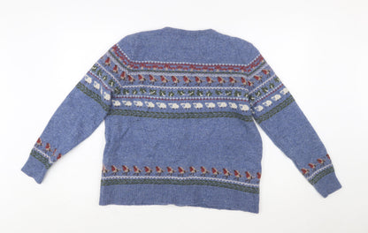 WoolOvers Women Blue Fair Isle Wool Cashmere Cardigan L