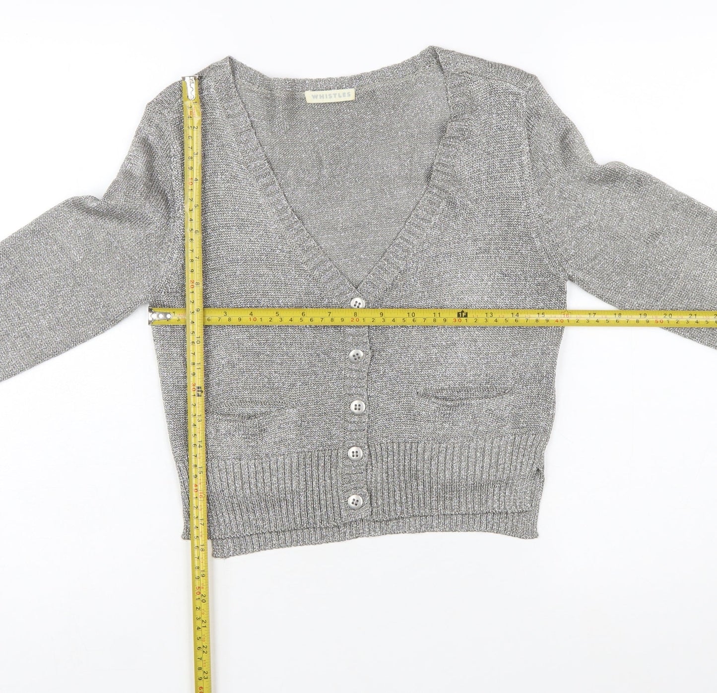 Whistles Women Silver Knit V-Neck Long Sleeve Cardigan Size 10