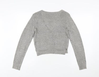 Whistles Women Silver Knit V-Neck Long Sleeve Cardigan Size 10