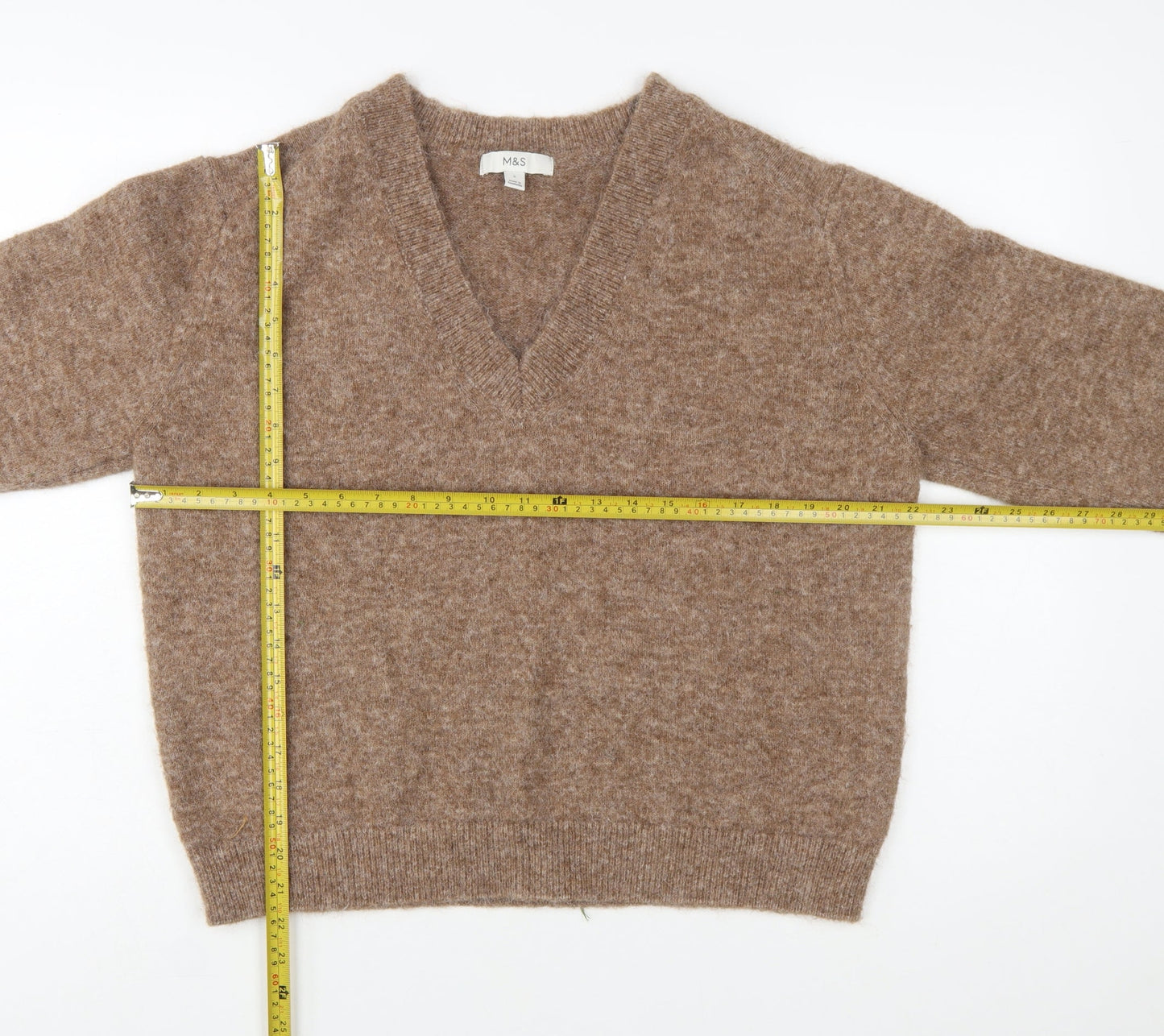 Marks and Spencer Womens Brown V-Neck Wool Blend Jumper Size S