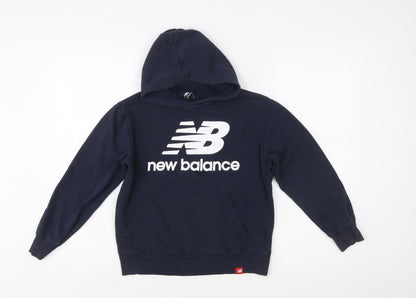 New Balance Boys Blue Pullover Hoodie Size 10-12 Logo Print Cotton Blend