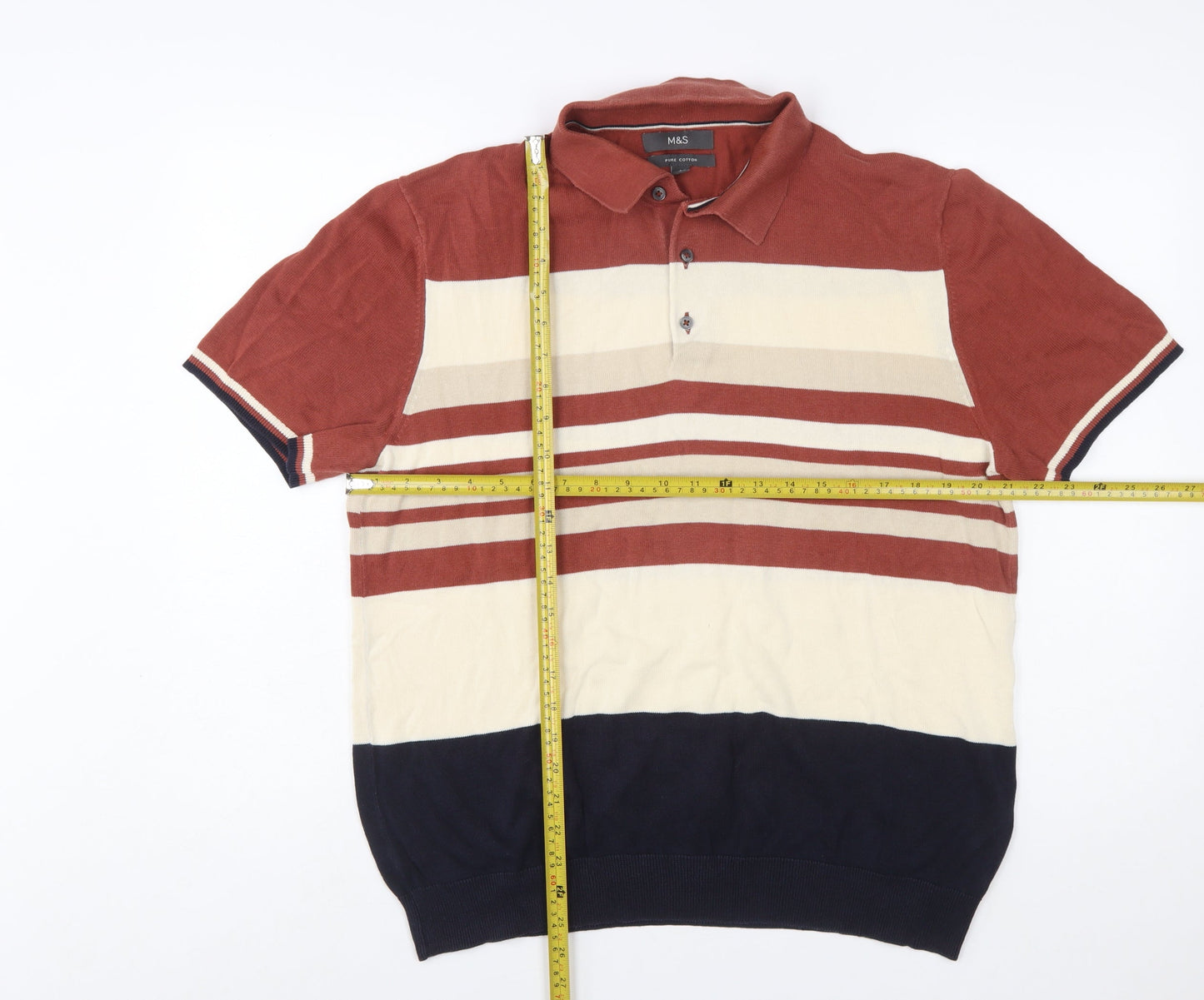 Marks and Spencer Men's Multicoloured Stripe Cotton Polo Shirt Size L