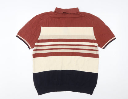 Marks and Spencer Men's Multicoloured Stripe Cotton Polo Shirt Size L