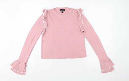 Topshop Women Pink Ruffle Flared Sleeve Knit Jumper UK 10