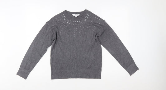 Dorothy Perkins Women’s Grey Petite Rhinestone Crew Neck Jumper Size 6