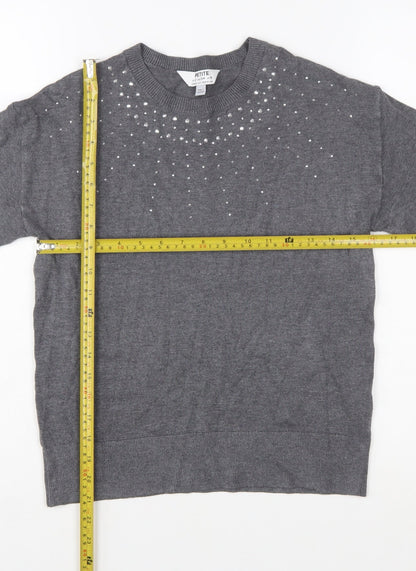 Dorothy Perkins Women’s Grey Petite Rhinestone Crew Neck Jumper Size 6