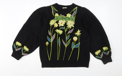 Farm Rio Womens Black Embroidered Floral Pullover Jumper XXS