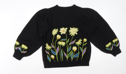 Farm Rio Womens Black Embroidered Floral Pullover Jumper XXS