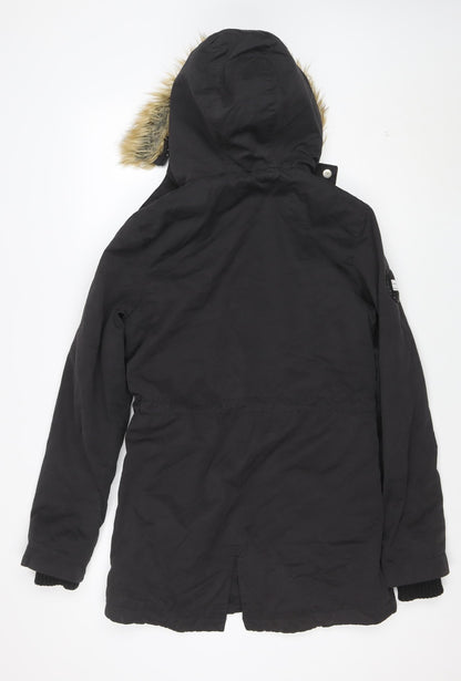 Superdry Women's Black Parka Coat Size S Faux Fur Hooded Winter Jacket