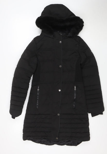 Firetrap Girls Black Long Puffer Coat Hooded Fur Trim 13 Years