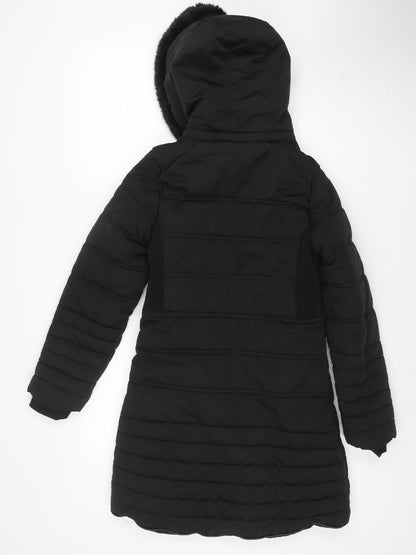 Firetrap Girls Black Long Puffer Coat Hooded Fur Trim 13 Years