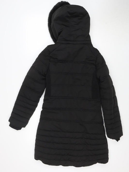 Firetrap Girls Black Long Puffer Coat Hooded Fur Trim 13 Years
