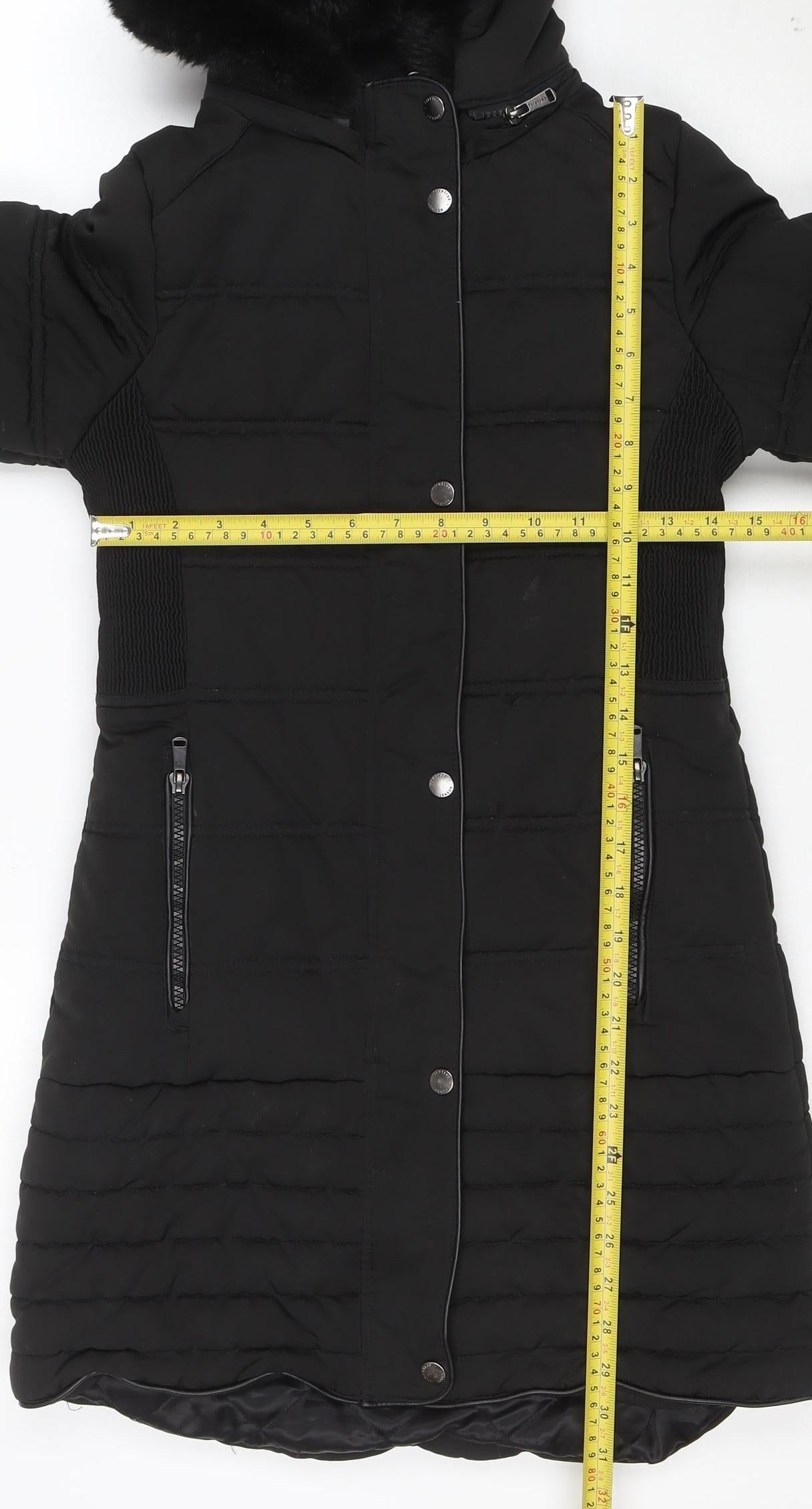 Firetrap Girls Black Long Puffer Coat Hooded Fur Trim 13 Years