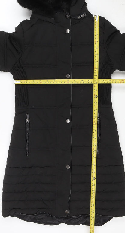 Firetrap Girls Black Long Puffer Coat Hooded Fur Trim 13 Years