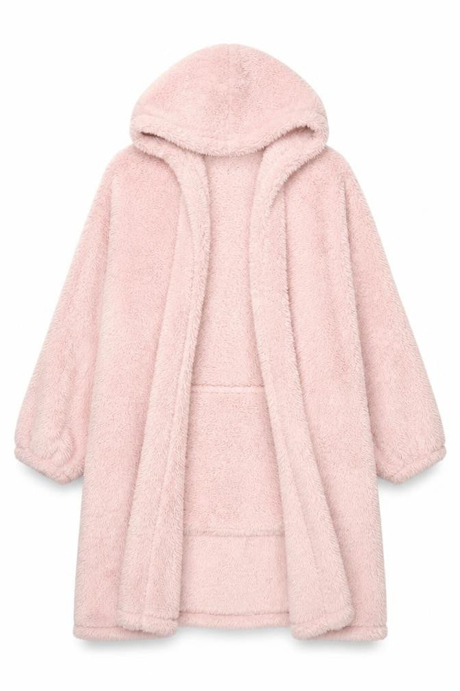 Dunelm Women Pink Fleece Hooded Robe One Size Winter Loungewear