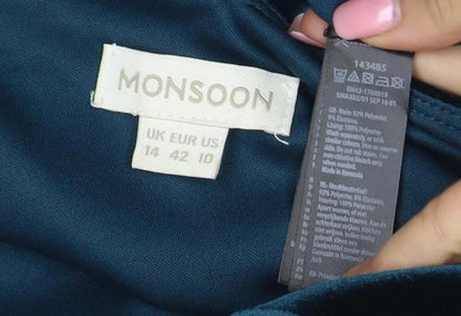 Monsoon Women’s Blue Velvet Bodycon Dress Size 14 Long Sleeve
