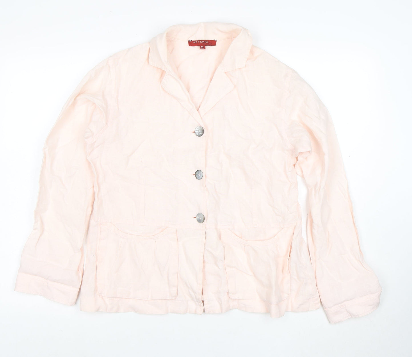 Vetono Women Ivory Linen Blazer Jacket Size L Casual Lightweight