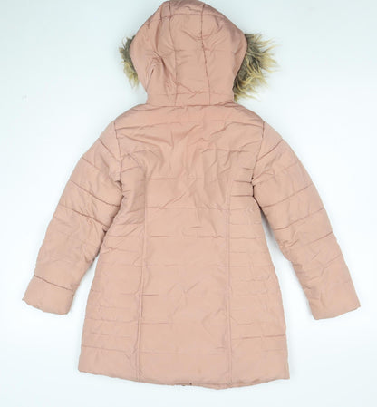 Next Boys Pink Hooded Long Puffer Coat 7 Years Faux Fur Trim Winter Jacket