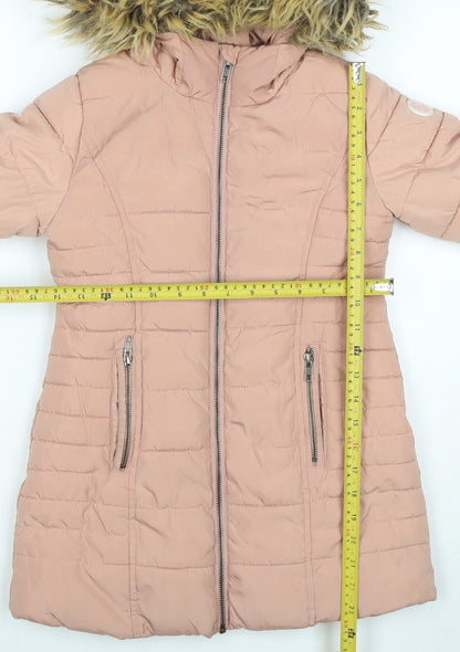 Next Boys Pink Hooded Long Puffer Coat 7 Years Faux Fur Trim Winter Jacket