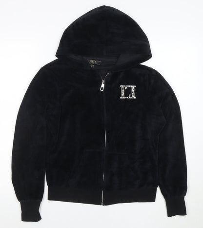 Lipsy Women Black Velour Full Zip Hoodie UK 14 Rhinestone Logo