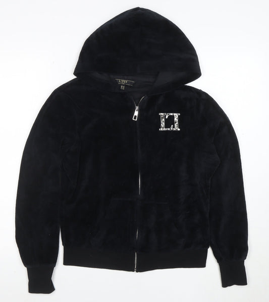 Lipsy Women Black Velour Full Zip Hoodie UK 14 Rhinestone Logo
