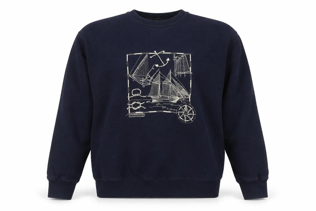 Jumpers Men Blue Cotton Nautical Embroidered Crew Neck Sweatshirt M