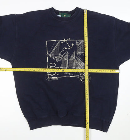 Jumpers Men Blue Cotton Nautical Embroidered Crew Neck Sweatshirt M